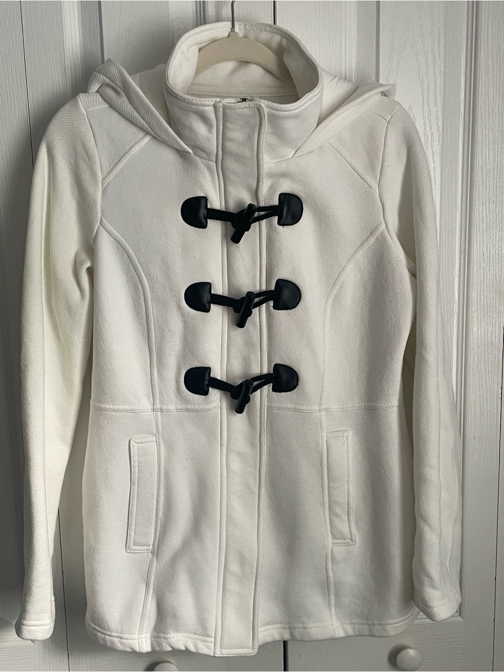 Sebby White Hooded Toggle Peacoat with Black Toggles